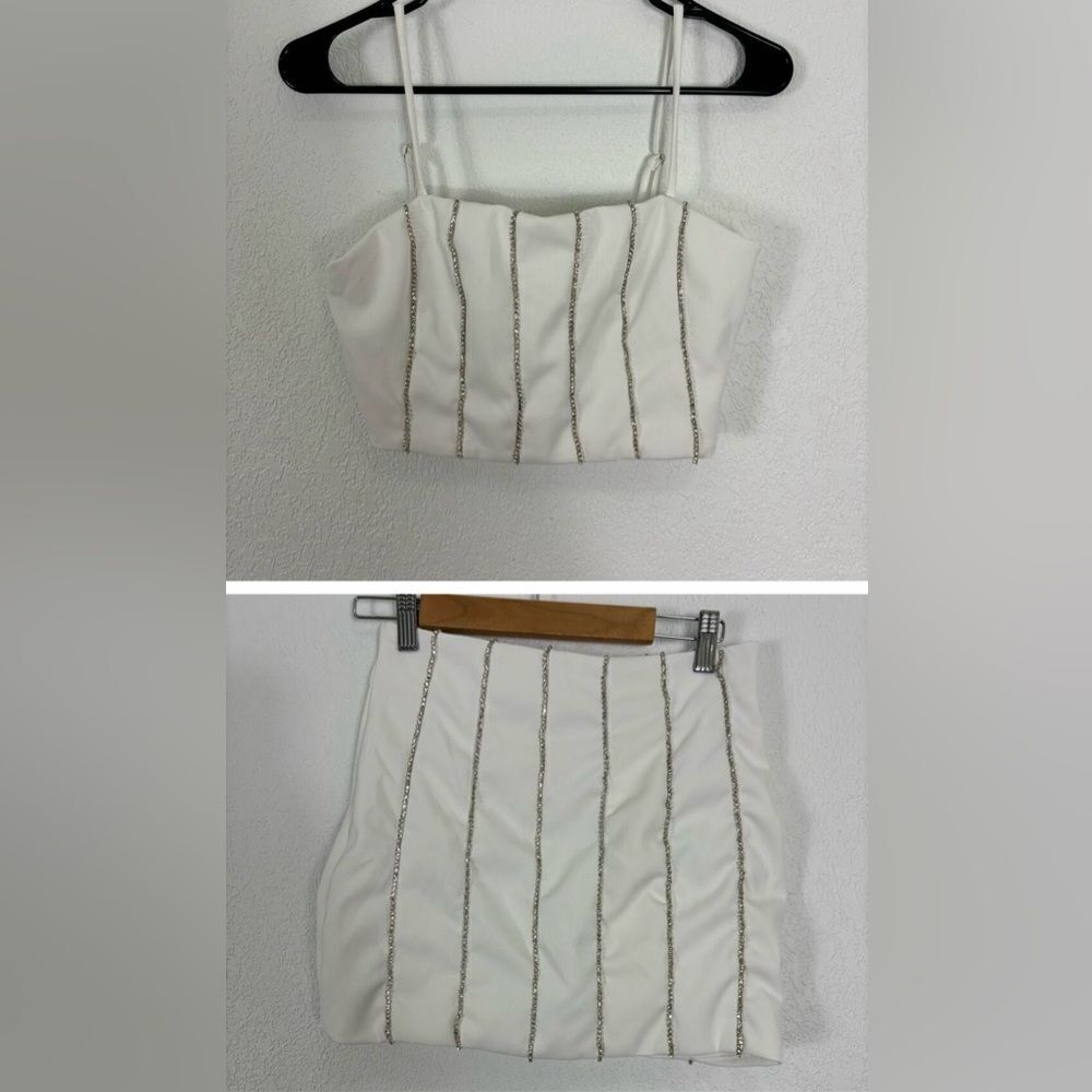 2 Pc Set! Altar'd State White‎ with Jeweled Stripe Cropped Tank & Mini Skirt